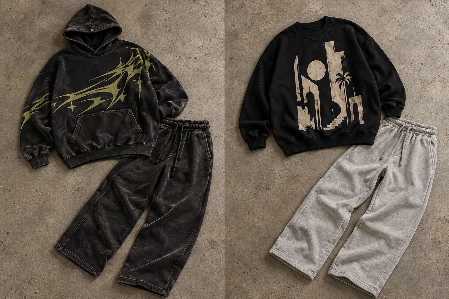 THE NIGHT SET design concept: Oversized hoodie and Washed Milton sweatpants
